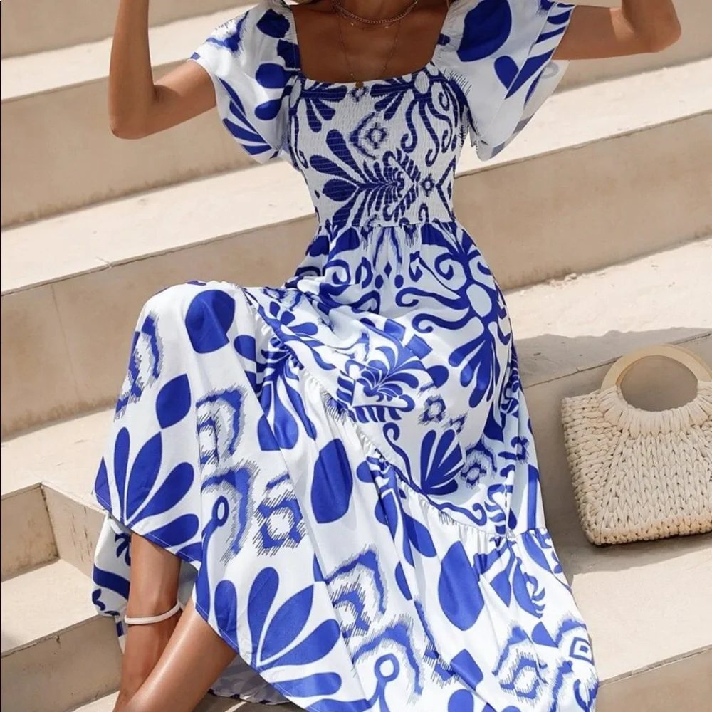 Boho  floral print shirred maxi dress_6